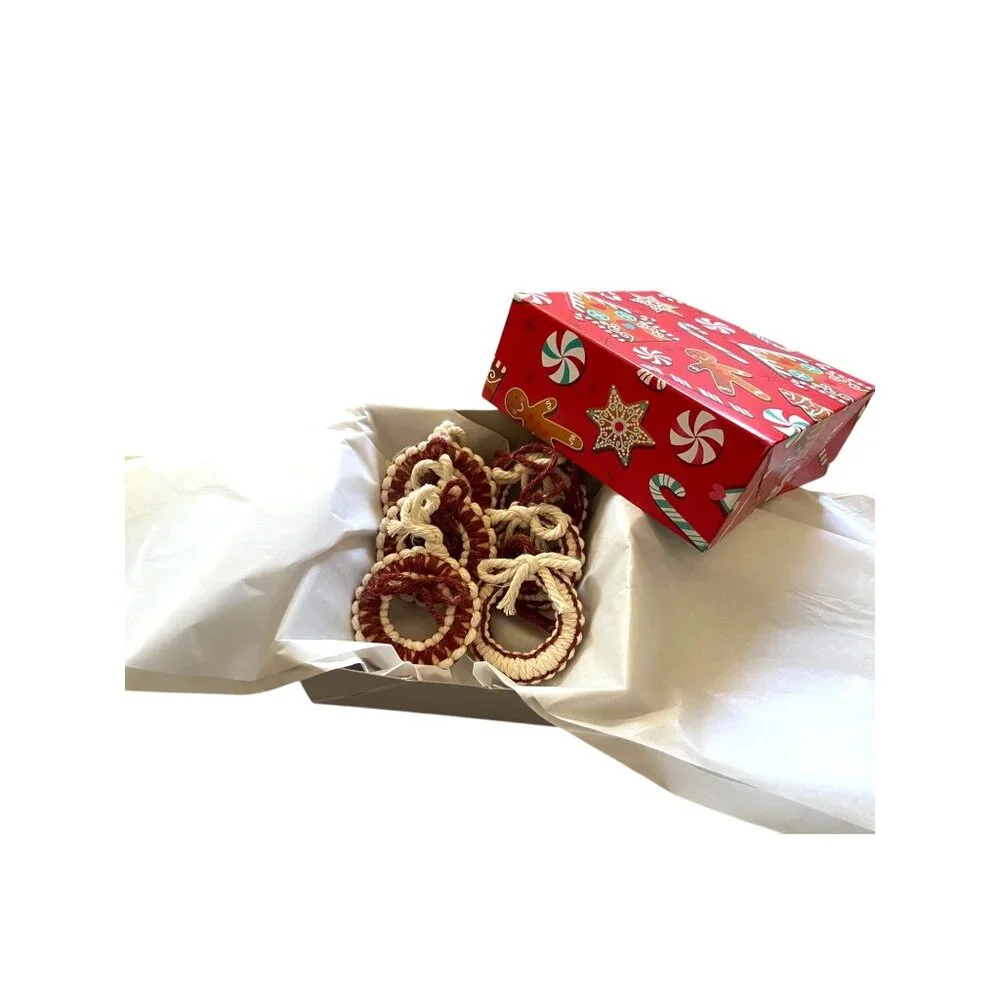 Handmade 6 pack of wool yarn wreath ornaments Burgundy/Cream Holiday Christmas